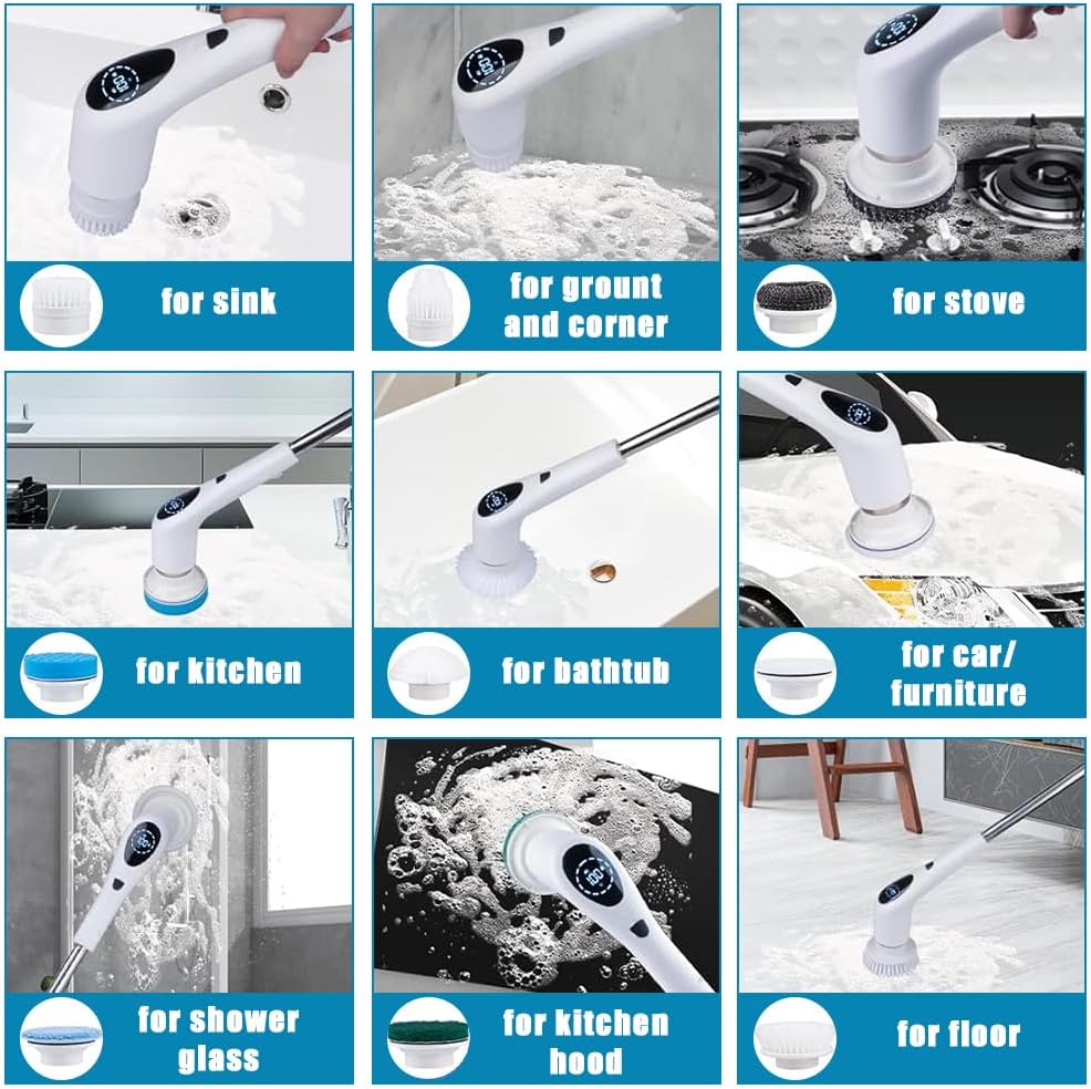 9 In 1 Electric Cleaning Device - Brush Heads & Adjustable Extension Arm | Power Cleaning for Bathroom, Kitchen, Floor, Tile, Tub