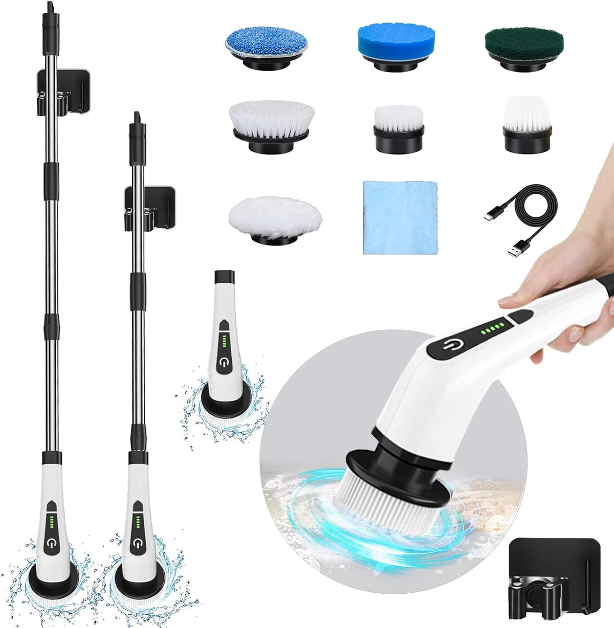 9 In 1 Electric Cleaning Device - Brush Heads & Adjustable Extension Arm | Power Cleaning for Bathroom, Kitchen, Floor, Tile, Tub